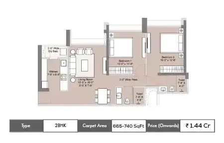 Sunteck Sky Park 2 BHK floor plan, 665 sq ft carpet area