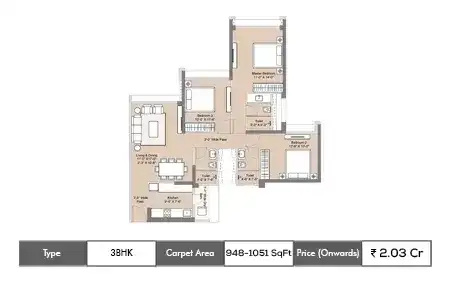 Sunteck Sky Park 3 BHK floor plan, 948 sq ft carpet area